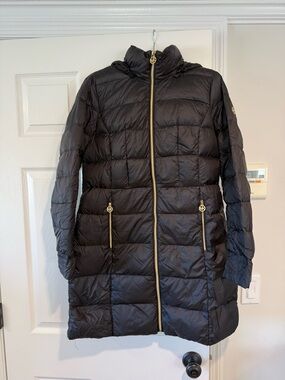 Michael Kors Black Quilted Down Puffer Coat with Gold Trim, Removable Hood